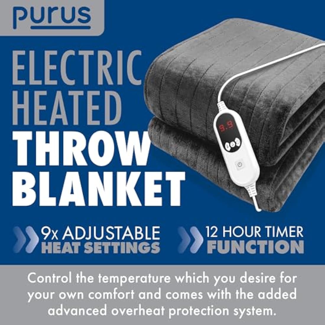 Purus Heated Throw Electric Blanket | Grey Micro Fleece | 160 x 120cm