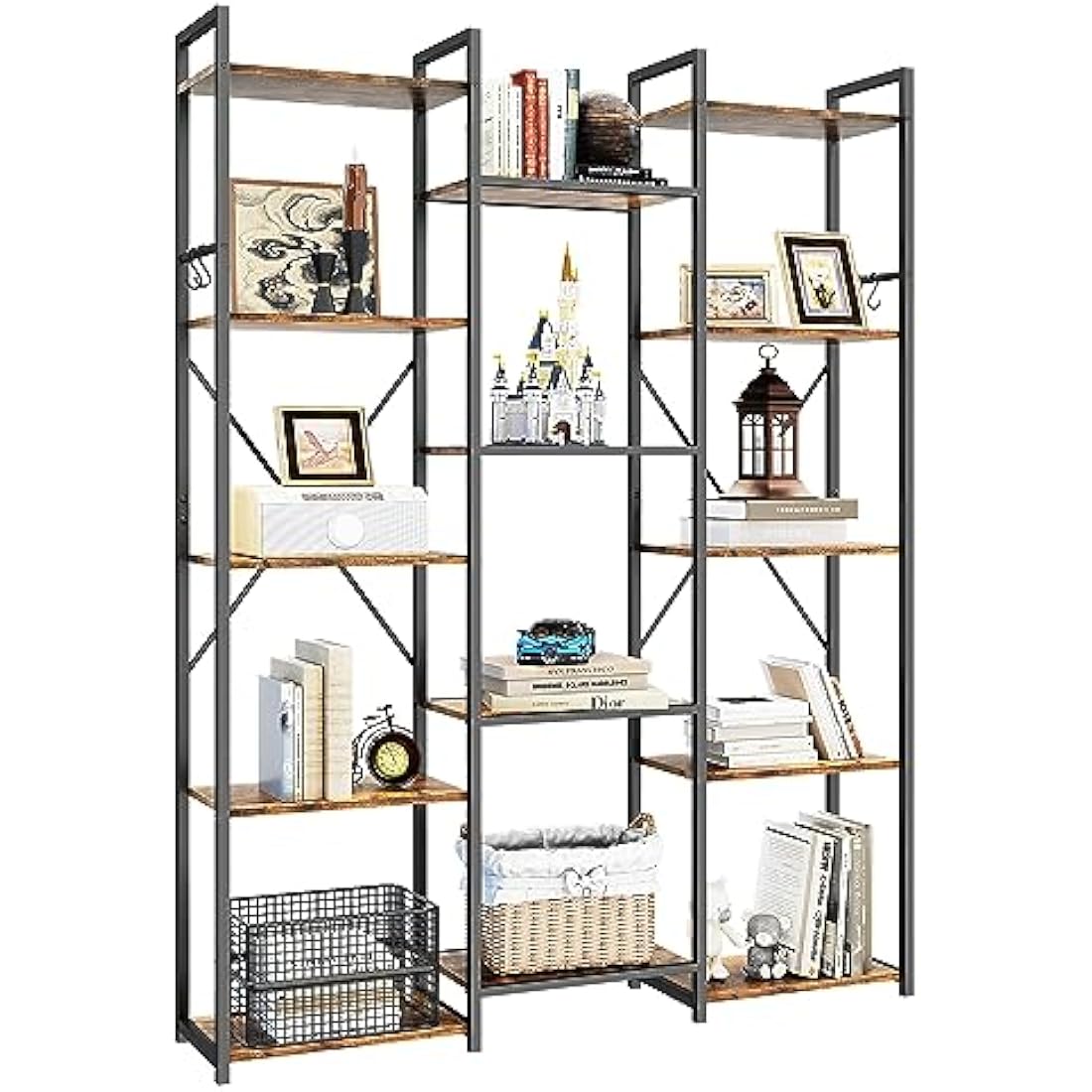 YITAHOME 14-Shelf Triple Wide Industrial Bookcase | Rustic Brown & Metal