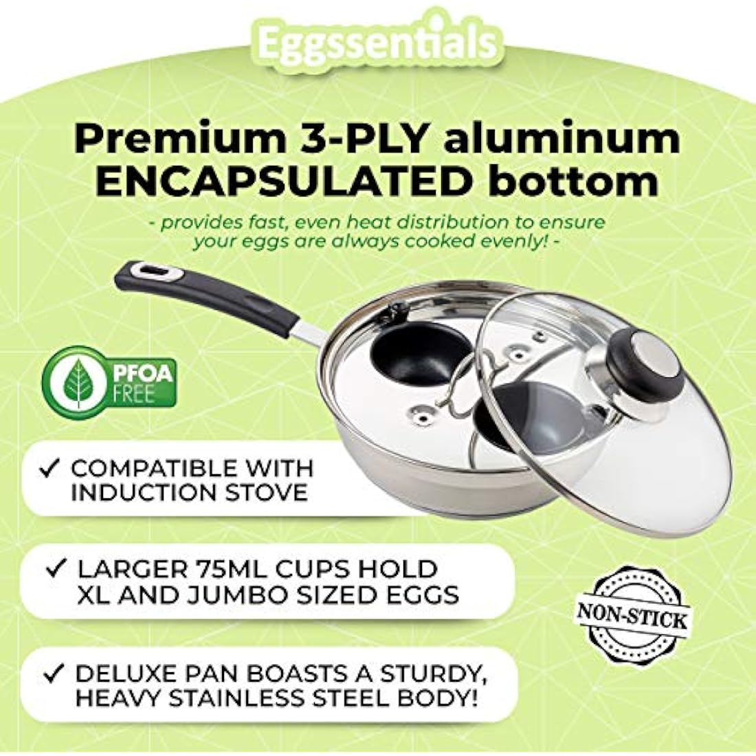 Eggssentials 6-Cup Egg Poacher Pan – Nonstick Stainless Steel Induction