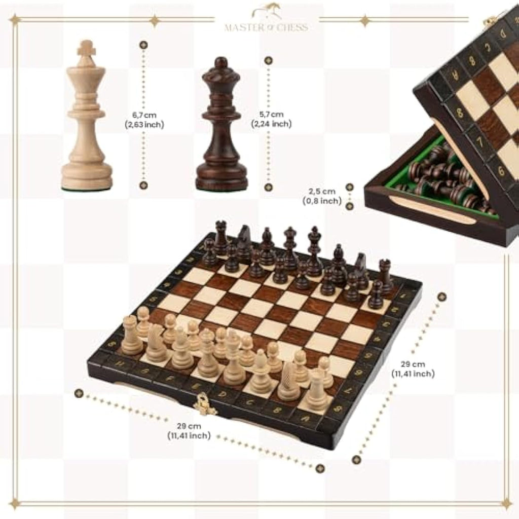 Master of Chess Champion Wooden Travel Chess Set – Handcrafted 29cm