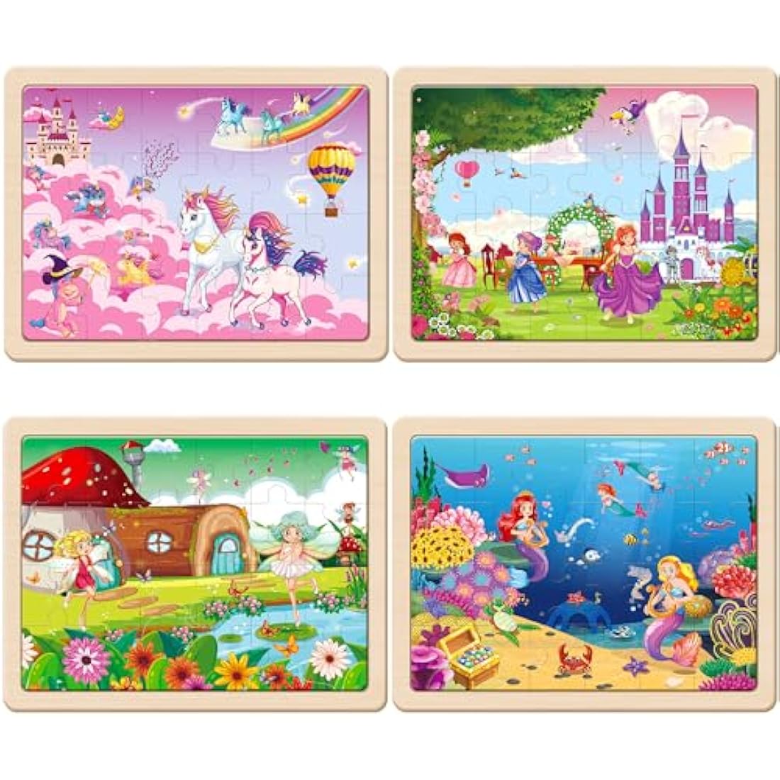 Wooden Jigsaw Puzzles for Kids - 4 Pack Unicorn & Mermaid