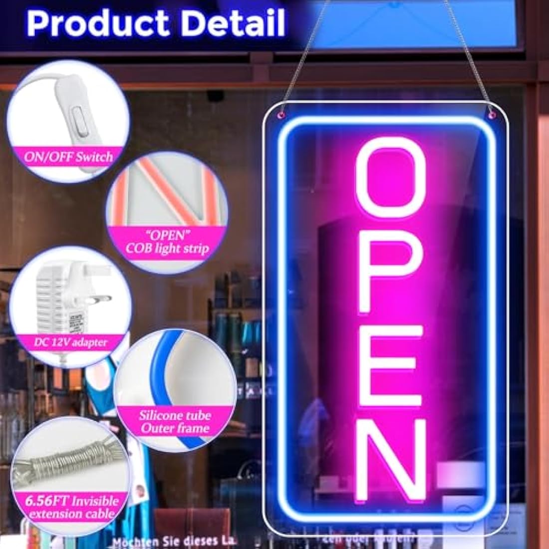 LightingWill LED Neon Open Sign | 23x12 Vertical Blue & Pink Business Sign