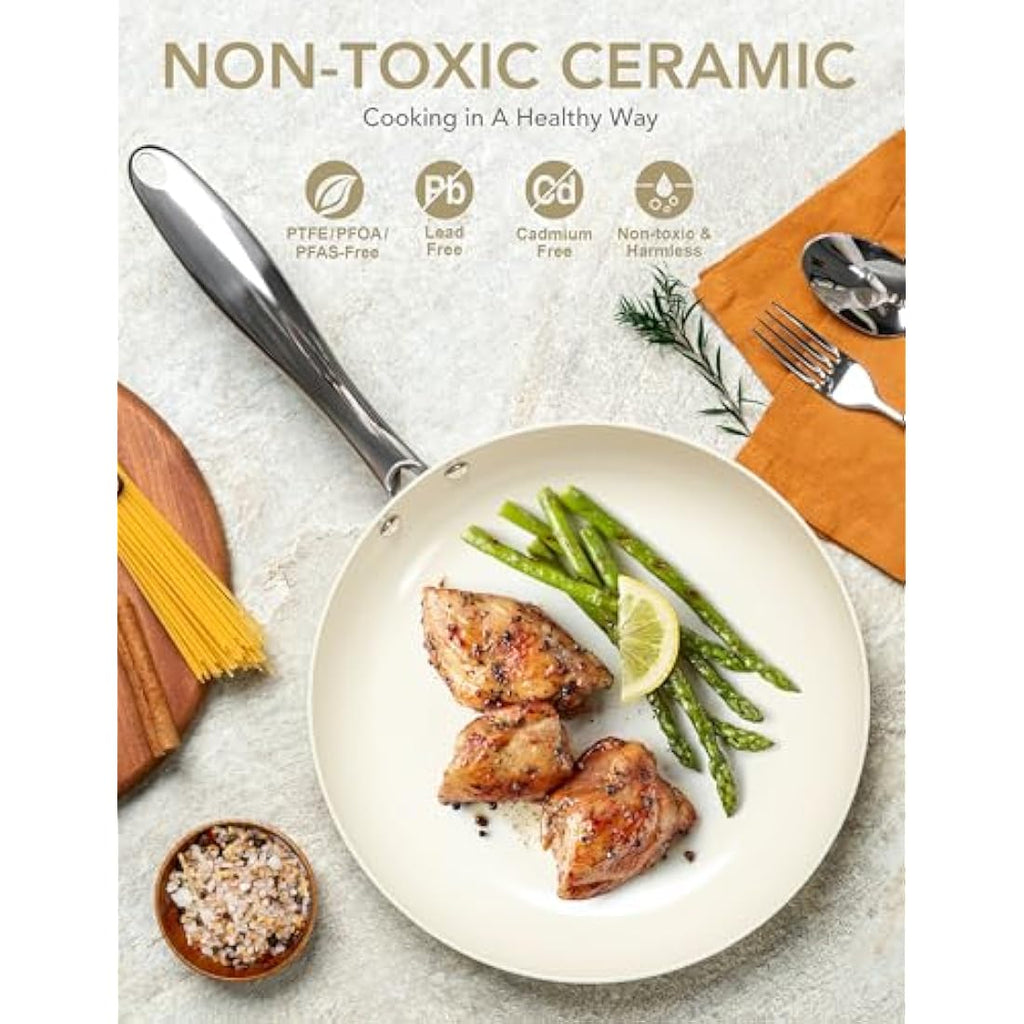 Michelangelo 20cm Ceramic Frying Pan with Lid | Non-Stick Cream White