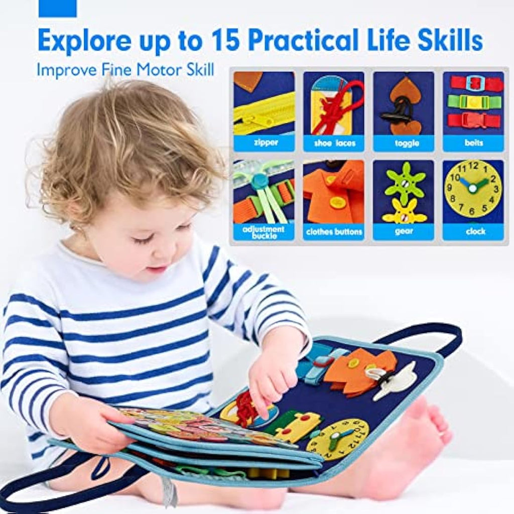 Hahaland Montessori Busy Board - 21-in-1 Sensory Toy for Toddlers, Blue
