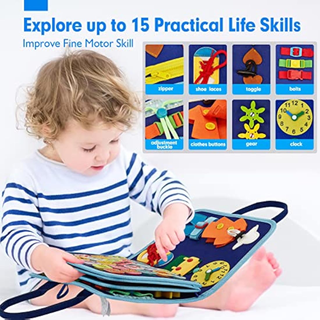 Hahaland Montessori Busy Board - 21-in-1 Sensory Toy for Toddlers, Blue
