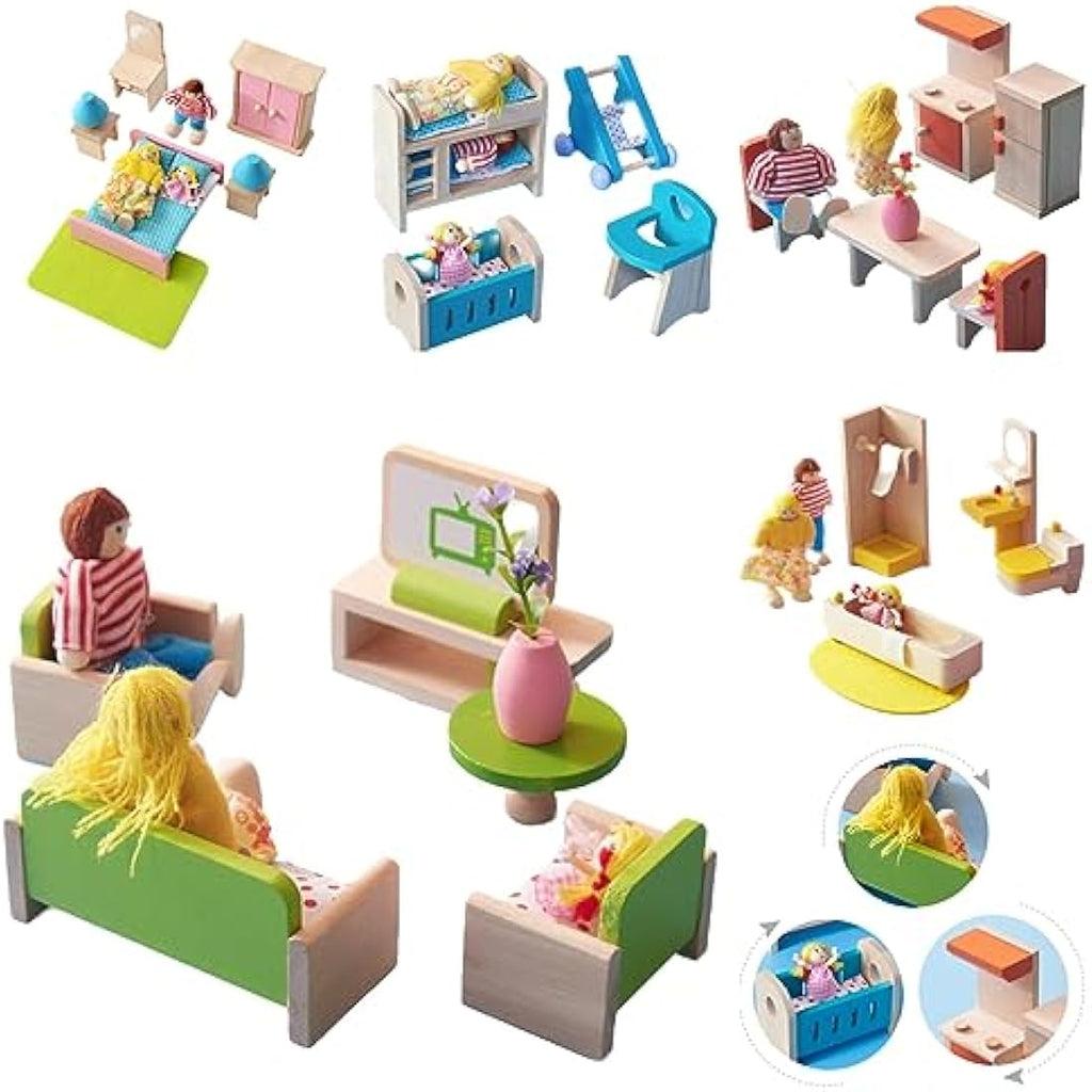 Wooden Dollhouse Furniture Set - 5 Rooms and 7 Dolls