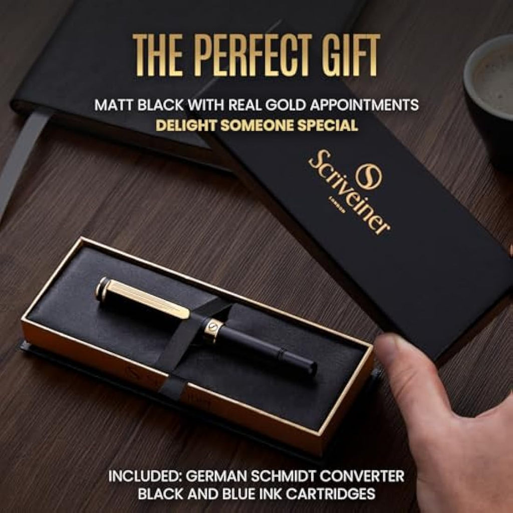 Scriveiner Luxury EDC Fountain Pen – Black Pocket Pen with Gold Nib