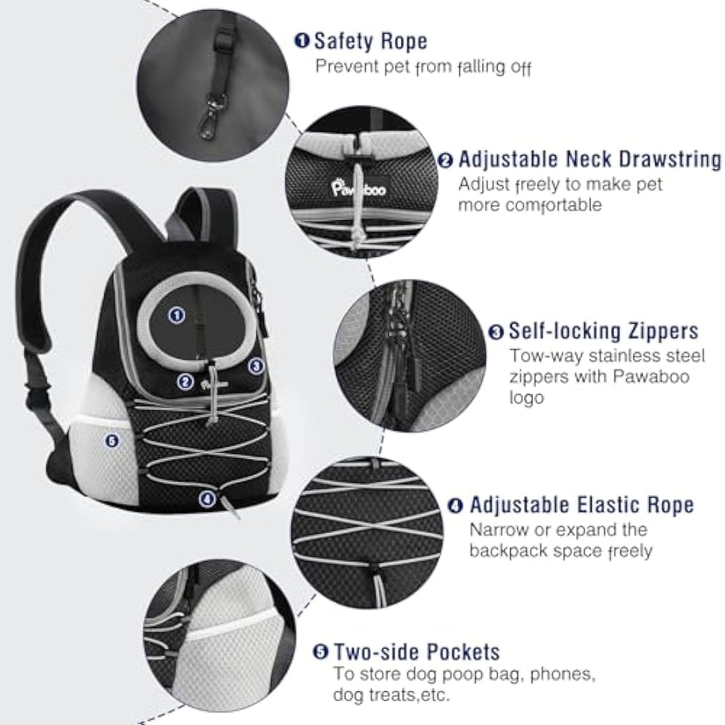 Pawaboo Small Dog Carrier Backpack | Breathable Mesh Front Pack - Black