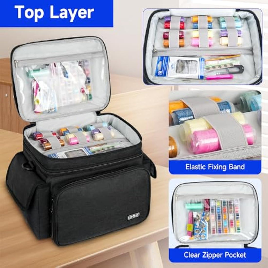 LEFOR·Z Large Sewing Box Organizer - Double Layer Storage Bag, Black