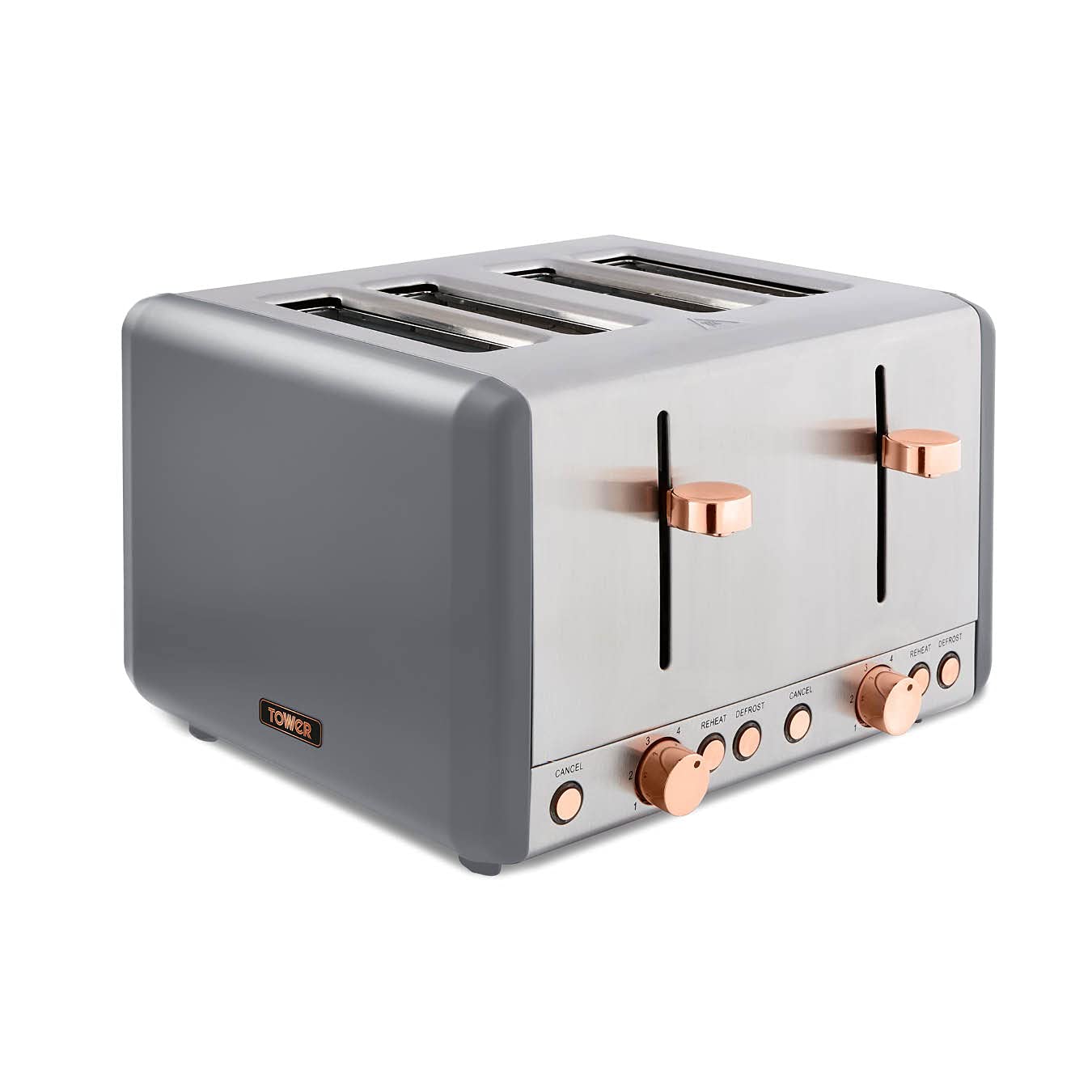 Tower Cavaletto 4-Slice Toaster | 1800W Stainless Steel | Grey & Rose Gold