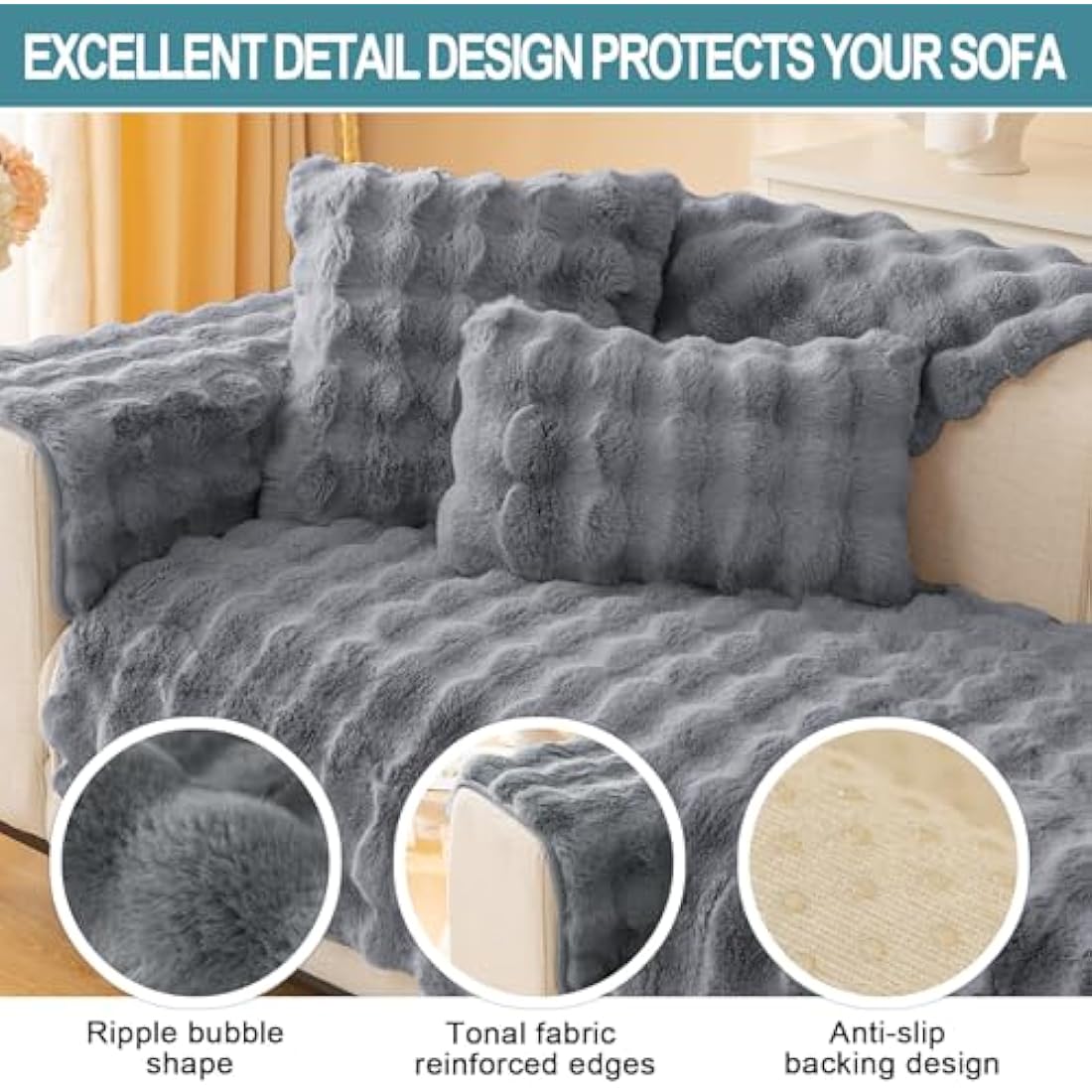 SHANNA Non-Slip Rabbit Plush Sofa Cover | Thick Faux Fur Sectional Slipcover