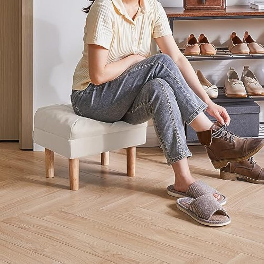 YMYNY Small Ottoman Footstool | Padded Beige Wooden Shoe Stool