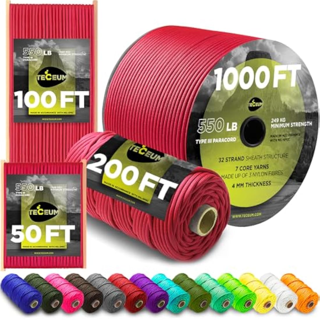 TECEUM 550lb Paracord – 4mm Nylon Tactical Survival Rope for Camping