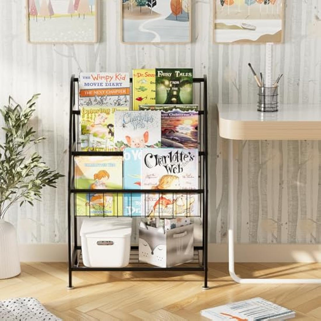 Huhote Kids Bookshelf – Metal Book and Toy Storage Organizer, Black