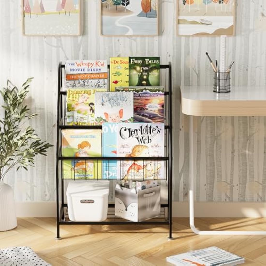 Huhote Kids Bookshelf – Metal Book and Toy Storage Organizer, Black