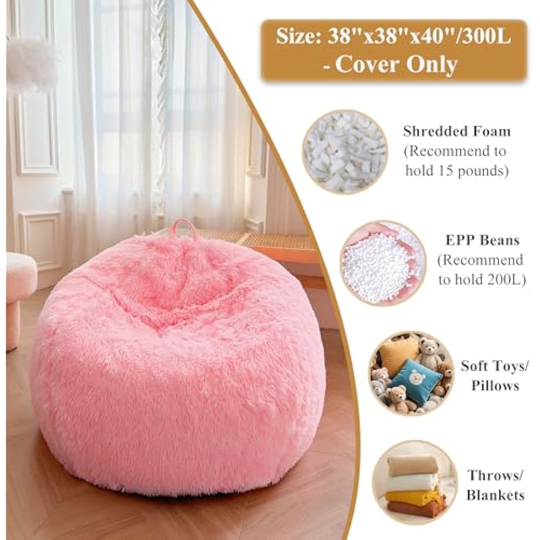 XeGe Faux Fur Bean Bag Cover – Fluffy Plush Stuffed Animal Storage, Pink