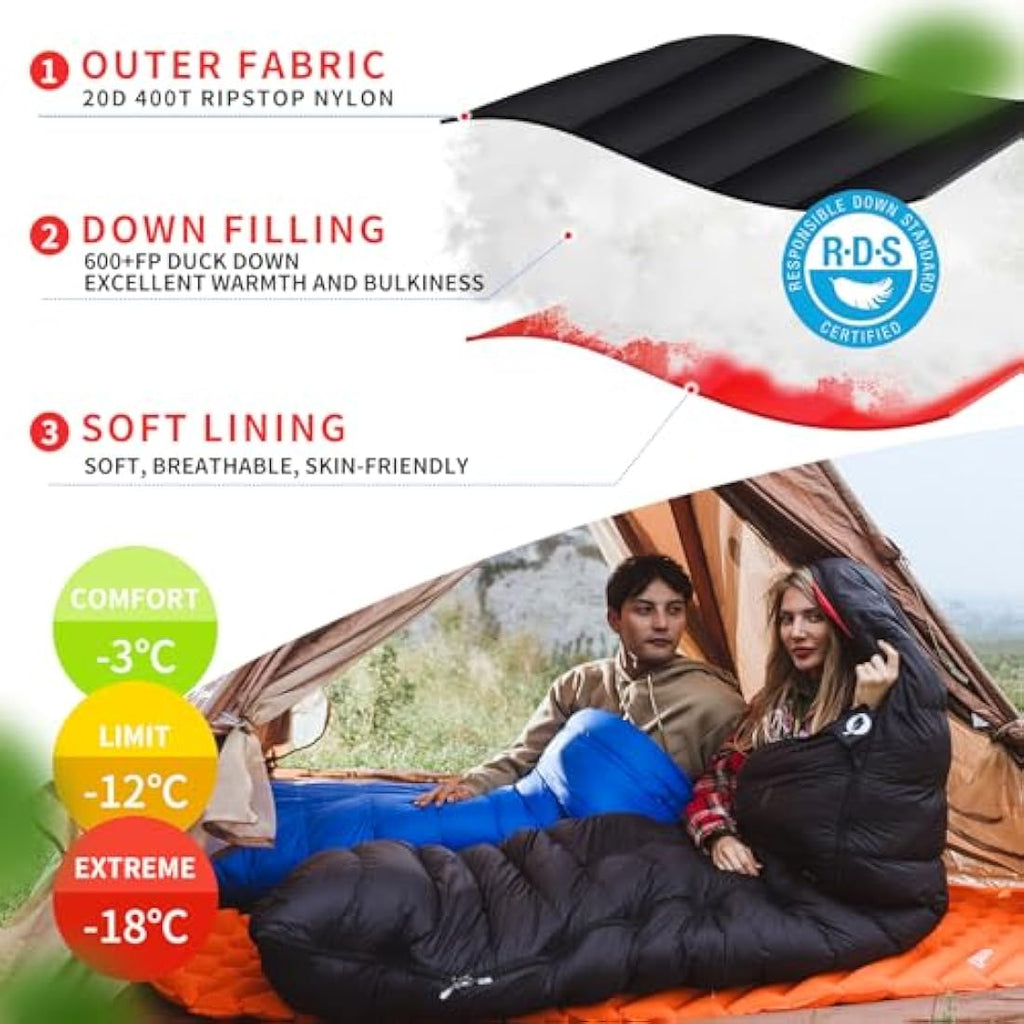 QEZER Down Sleeping Bag | Lightweight 4-Season Rectangular Nylon Bag