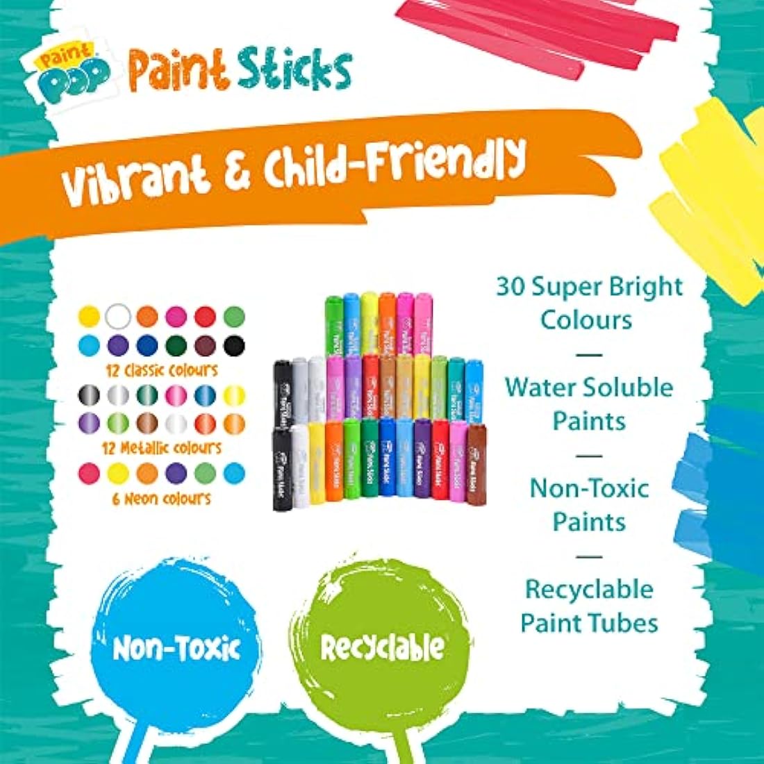 Paint Pop Paint Sticks for Kids – 30 Pack Mess-Free Assorted Colours