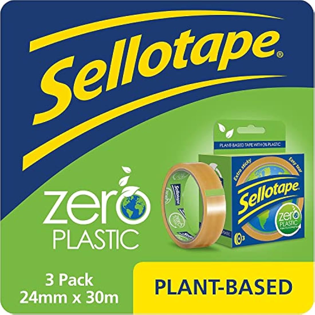 Sellotape Zero Plastic Clear Tape | Plant-Based & Compostable | 3 Pack