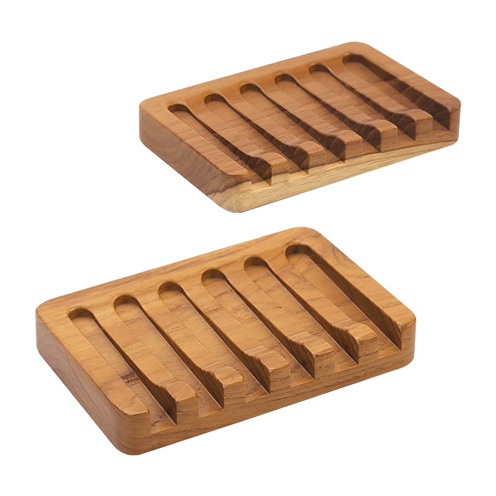 HTB Natural Teak Wood Soap Dish – 2-Pack Draining Holder for Shower