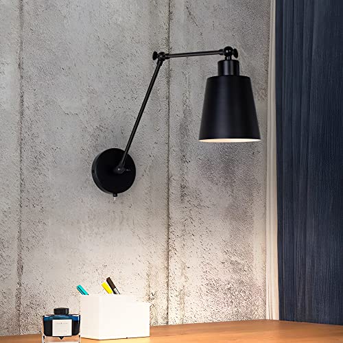 TYhogar Industrial Swing Arm Wall Sconce – Black Adjustable Bedside Lamp