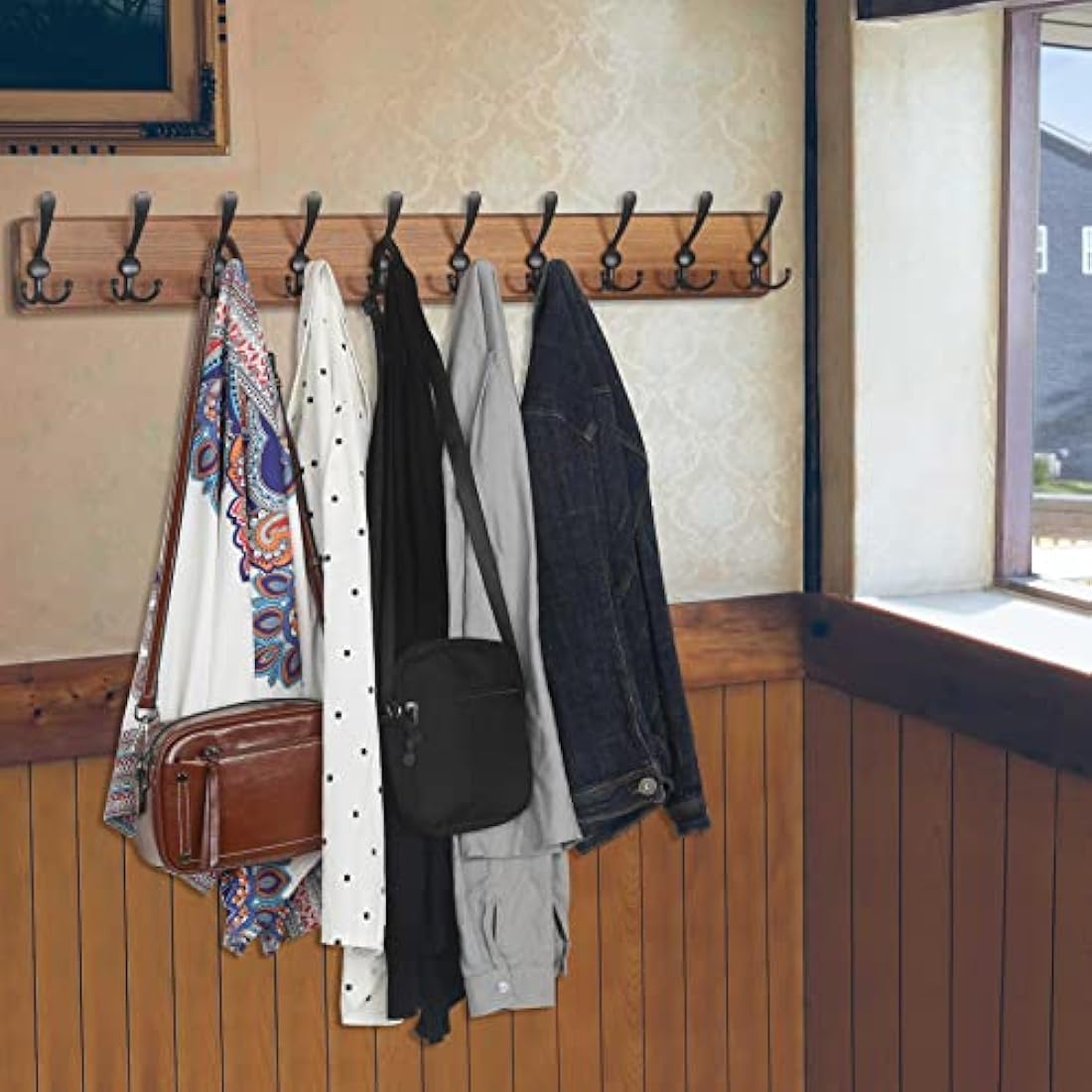 WEBI 98cm Solid Wood Wall Mounted Coat Rack with 10 Triple Hooks