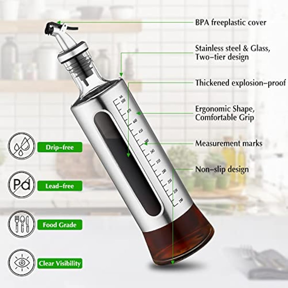 ACEWARMS Glass Oil Dispenser Bottle Set - 500ml Drip-Free Cruet, 4 Pack