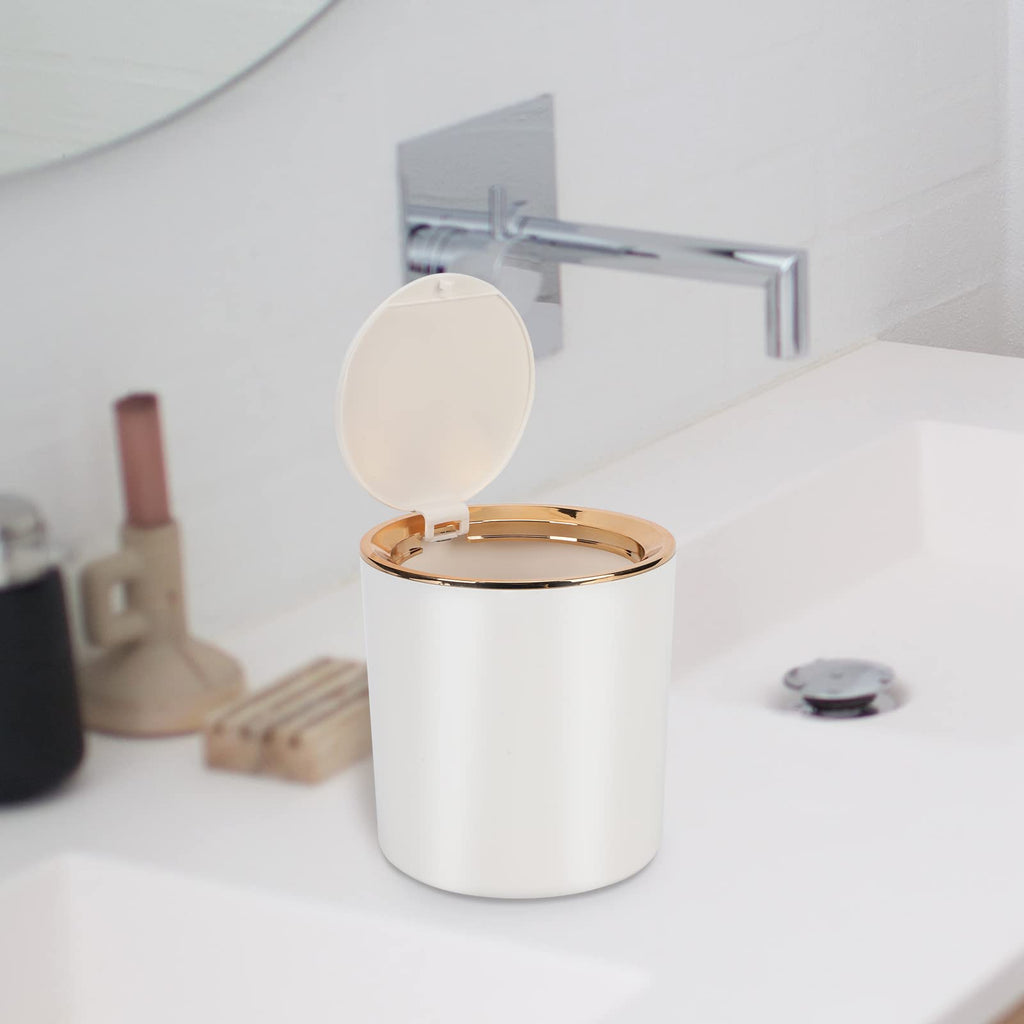 Desk Bin with Lid, Mini Table Trash Can,15 * 14.5cm Portable Small Dustbin for Bathroom Living Room Kitchen Car Dressing Table Black