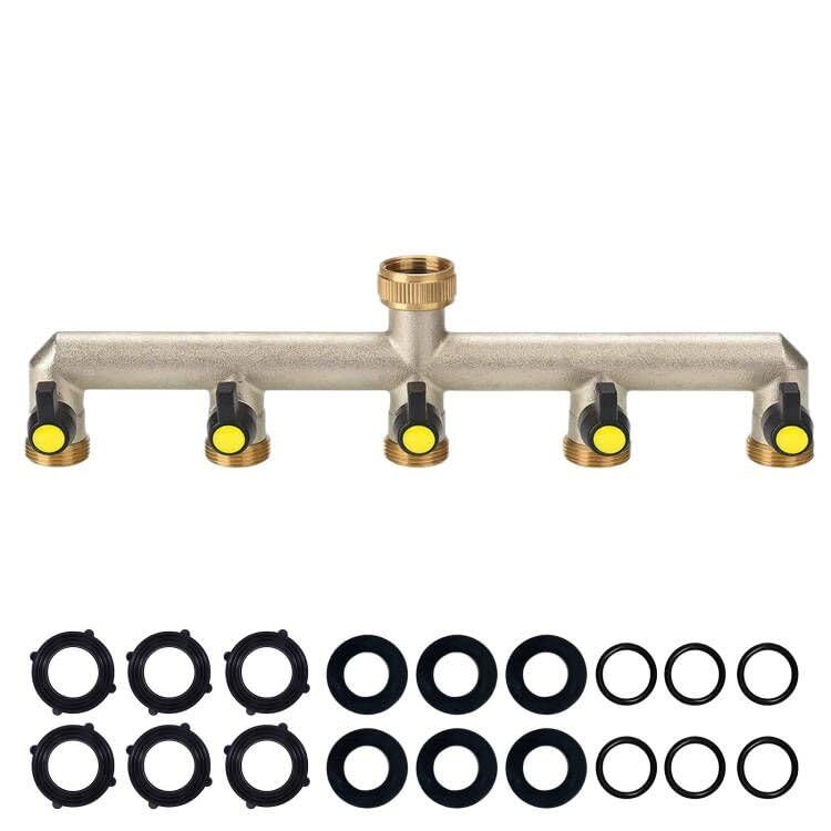 5-Way Brass Garden Hose Splitter – 3/4" Tap Manifold Adapter
