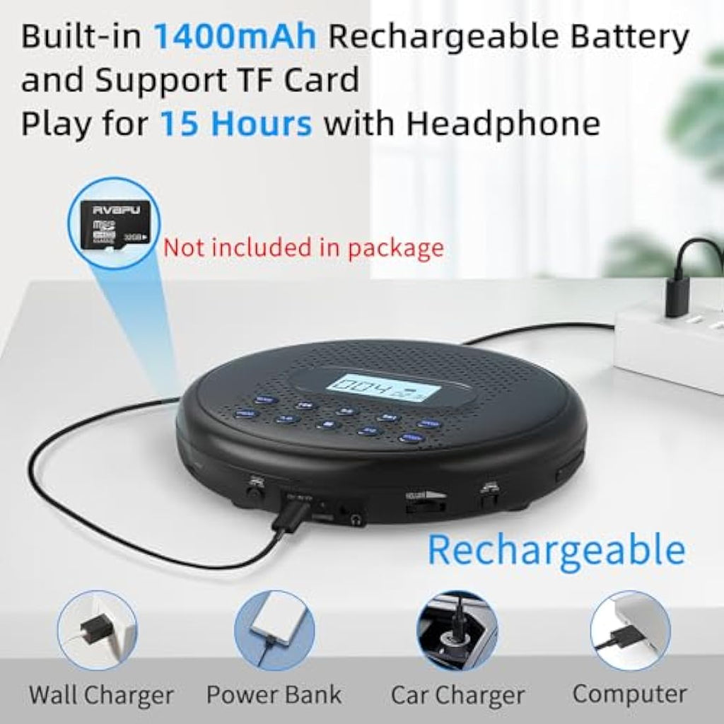 ARAFUNA Portable CD Player with Dual Speakers | Rechargeable Car CD Player