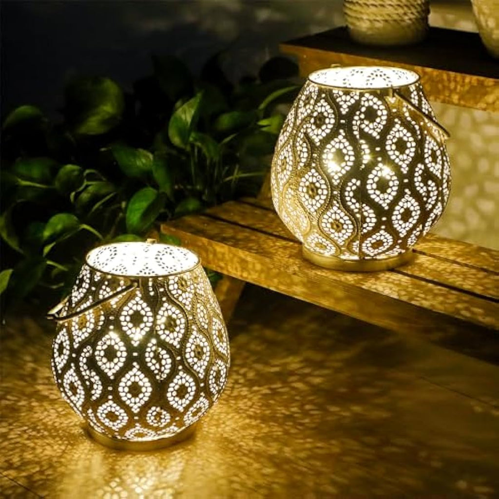 TRIROCKS Moroccan Metal Table Lamps – Set of 2 White Cordless Lanterns