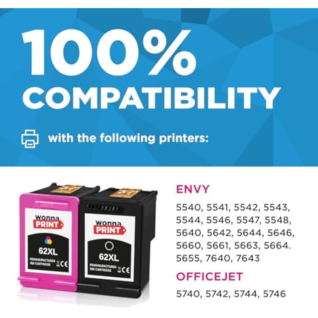 WonnaPrint 62XL Ink Cartridges for HP Envy 5540 5640 & OfficeJet 5740 | 2 Pack