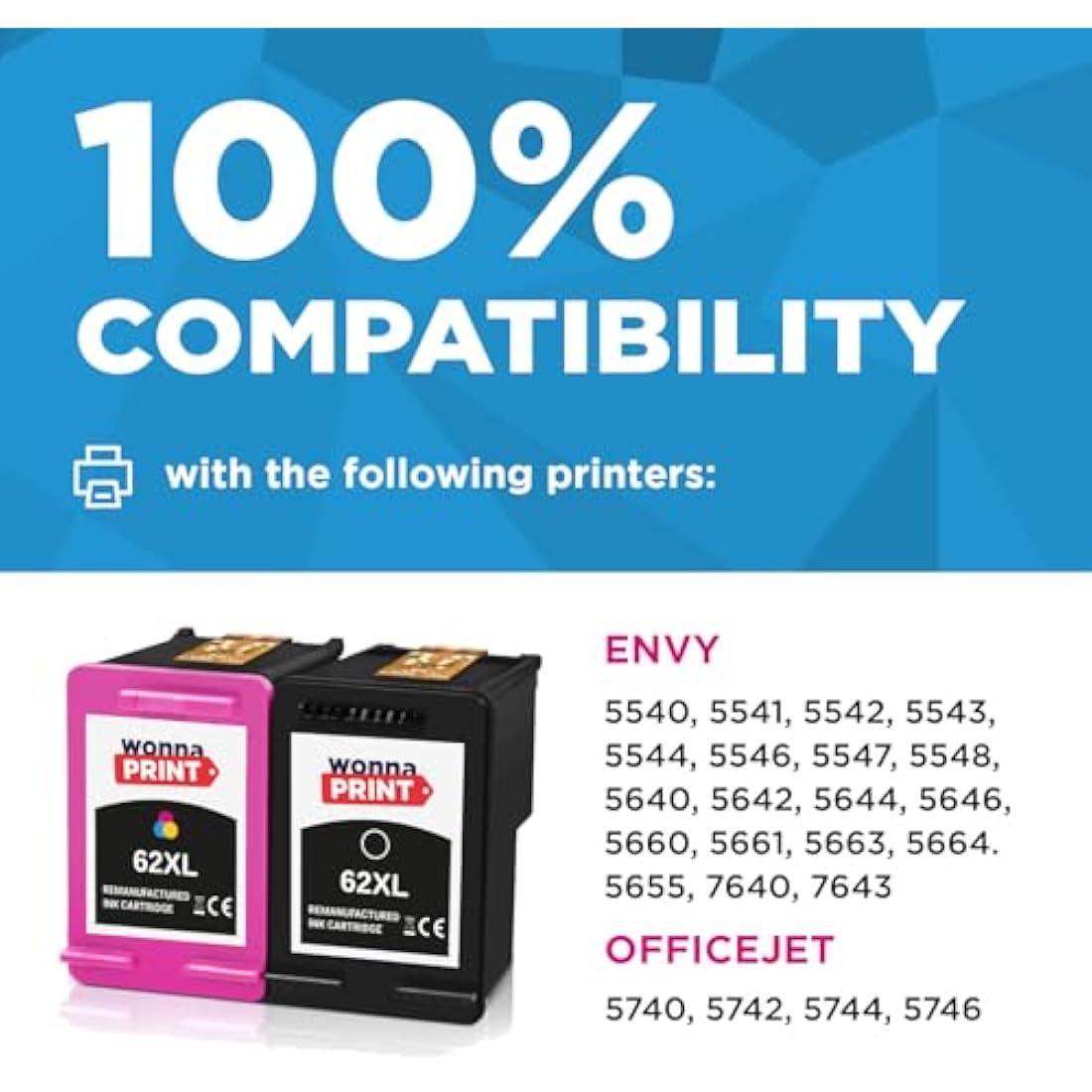 WonnaPrint 62XL Ink Cartridges for HP Envy 5540 5640 & OfficeJet 5740 | 2 Pack