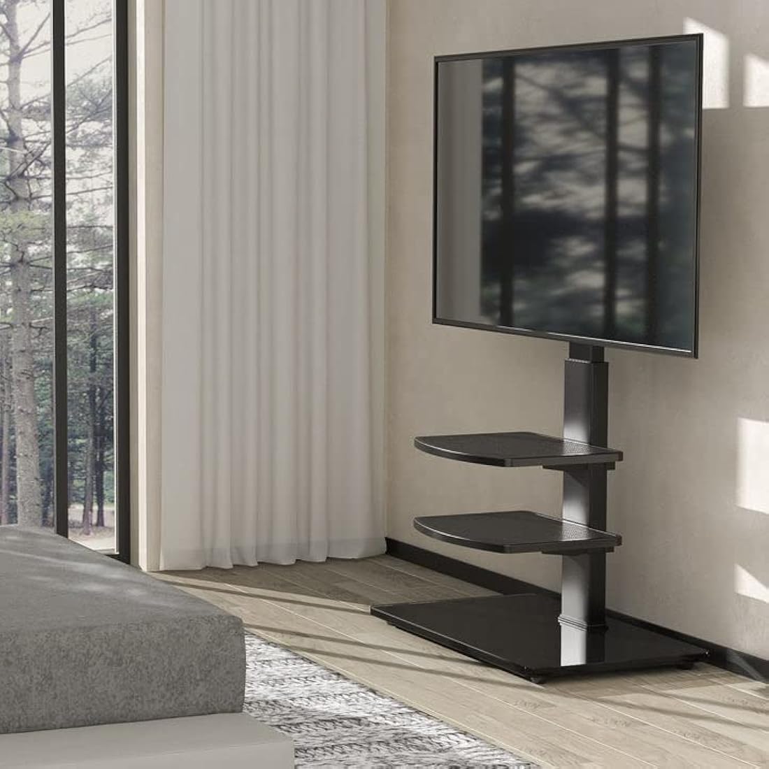 RFIVER Swivel Floor TV Stand | Height Adjustable 3-Tier Shelves for 32-70"