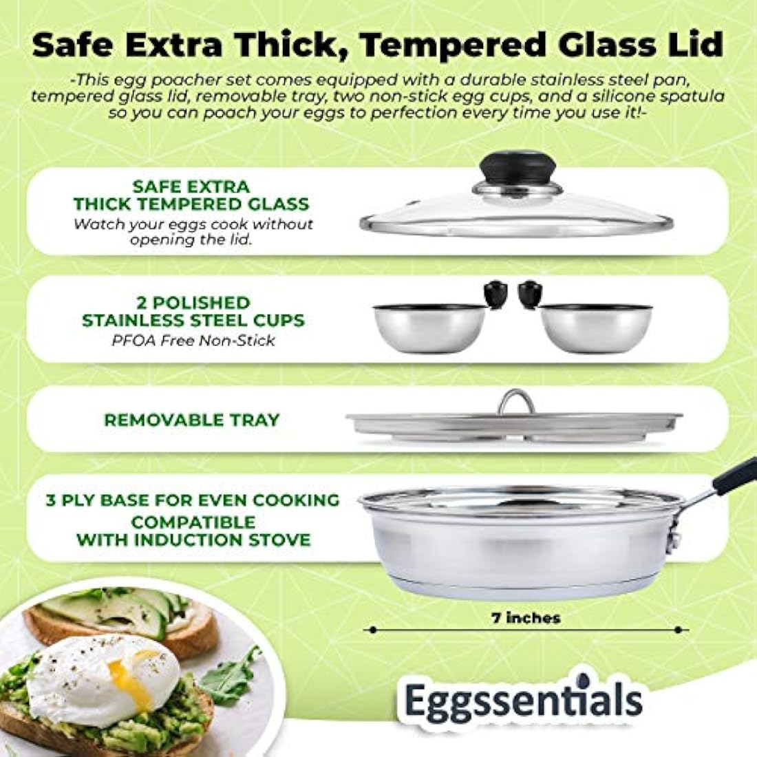 Eggssentials 6-Cup Egg Poacher Pan – Nonstick Stainless Steel Induction