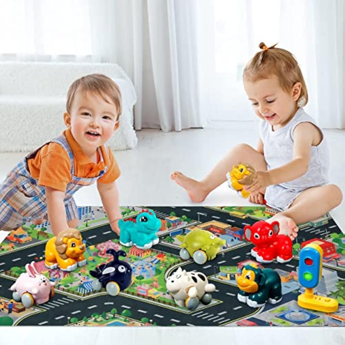 Animal Pull Back Car Toys with Playmat - 8 Piece Toddler Set