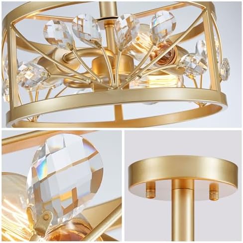Jolof Store Crystal Leaf Chandelier – Gold 3-Light Semi-Flush Mount Light