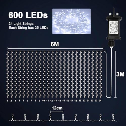 Yowin 600 LED Curtain Lights | 6m x 3m Waterproof Fairy Lights - White