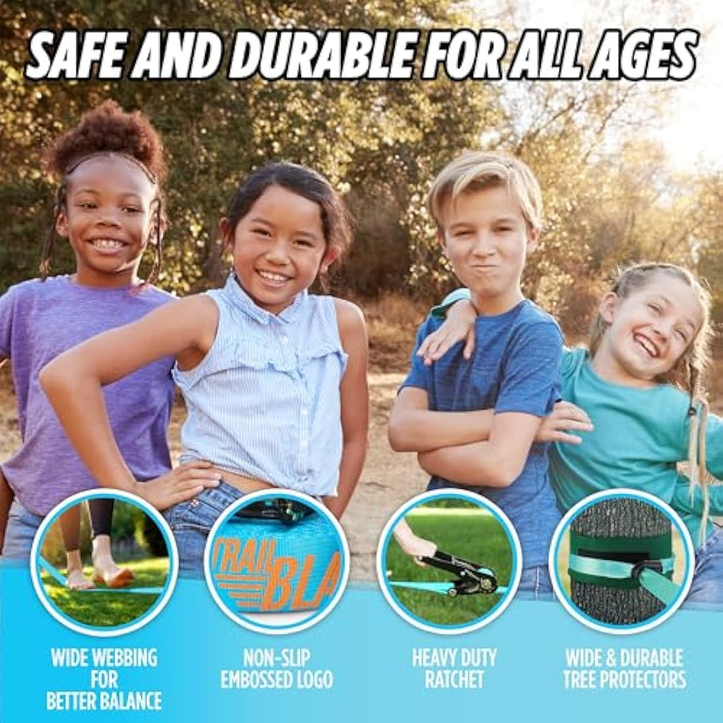 Trailblaze Slackline Kit for Kids – 18.5m Blue Beginner Tightrope Set