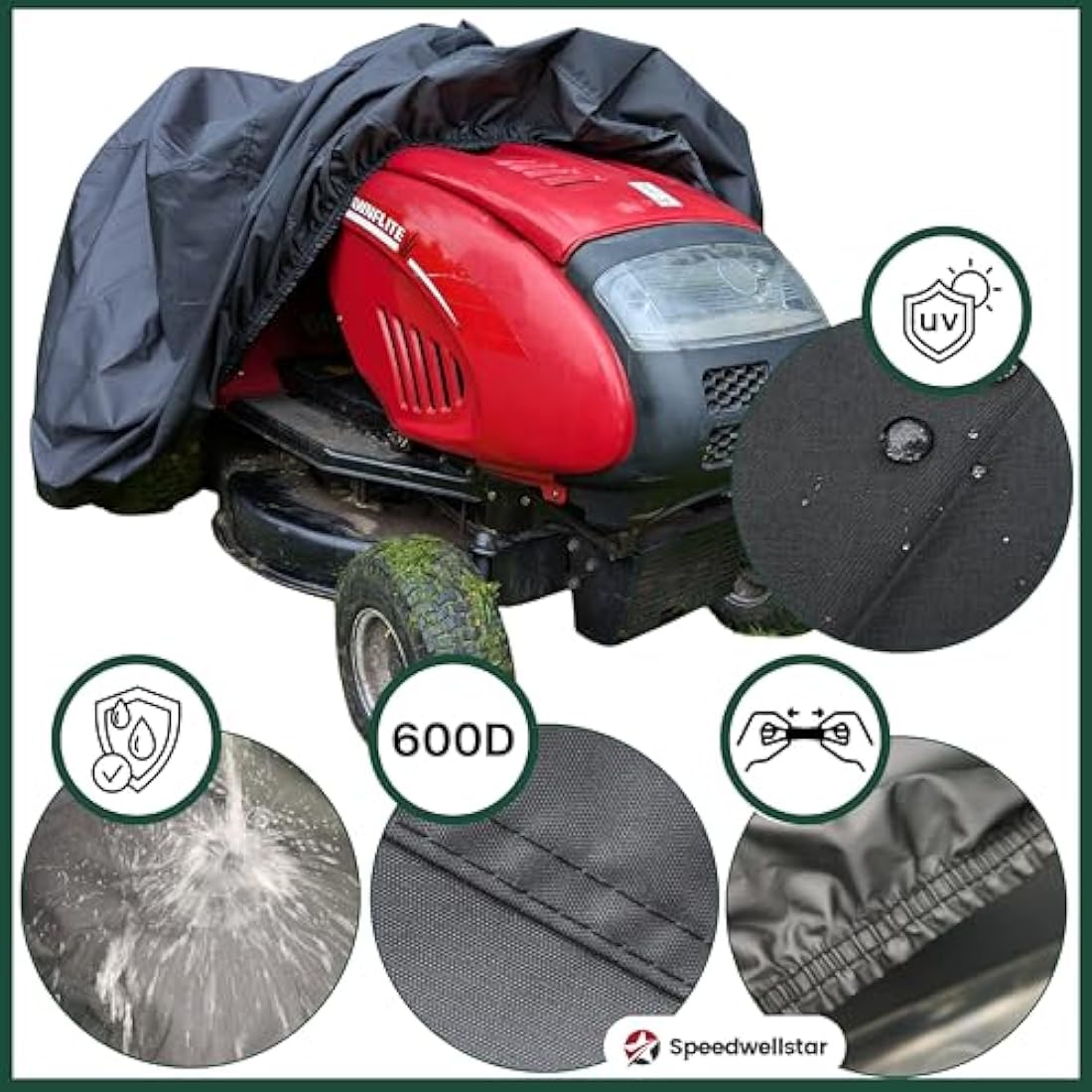 Speedwellstar Heavy Duty Waterproof Ride-On Lawn Mower Cover – 600D