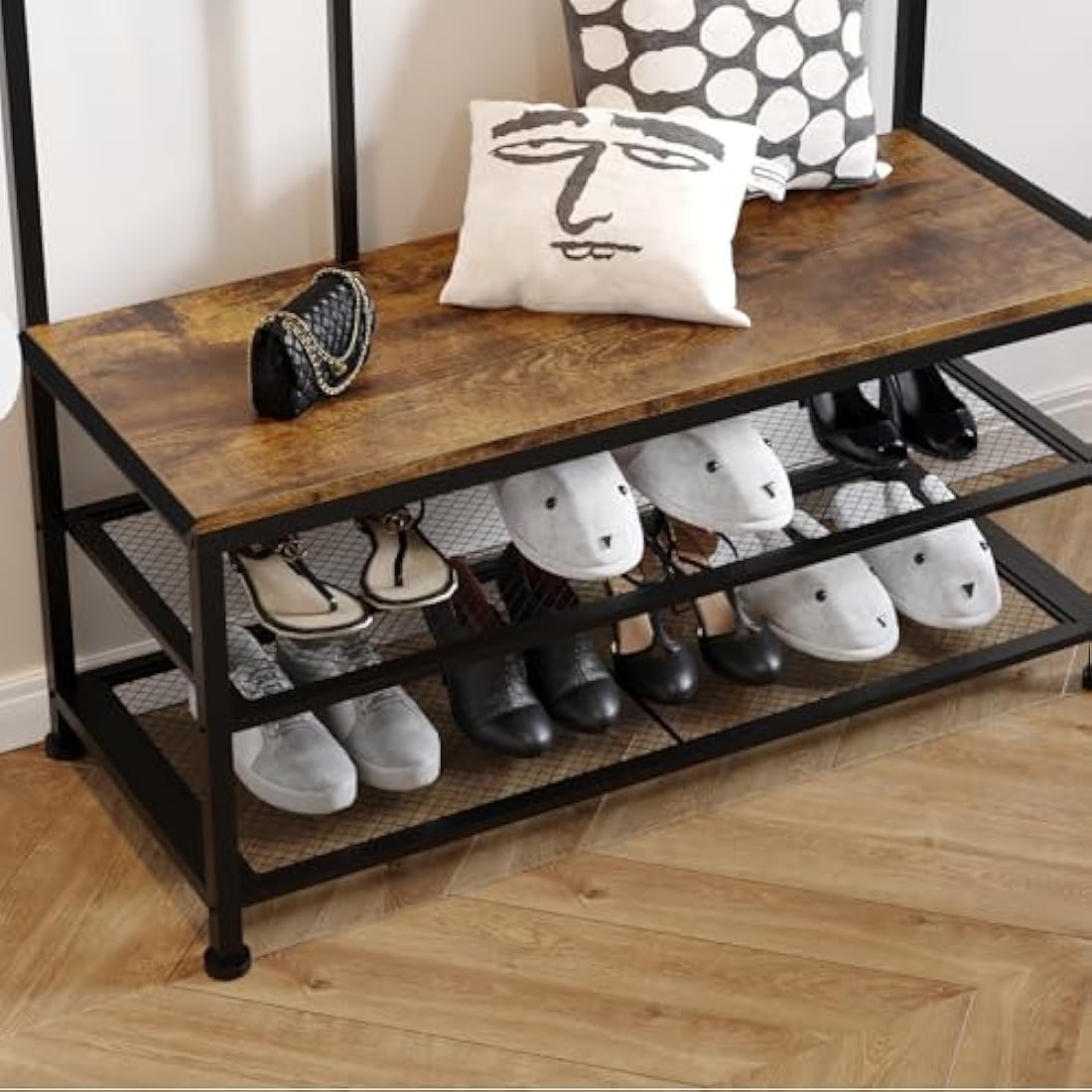 Dripex Industrial Hall Tree Coat Rack with Shoe Bench and 12 Hooks
