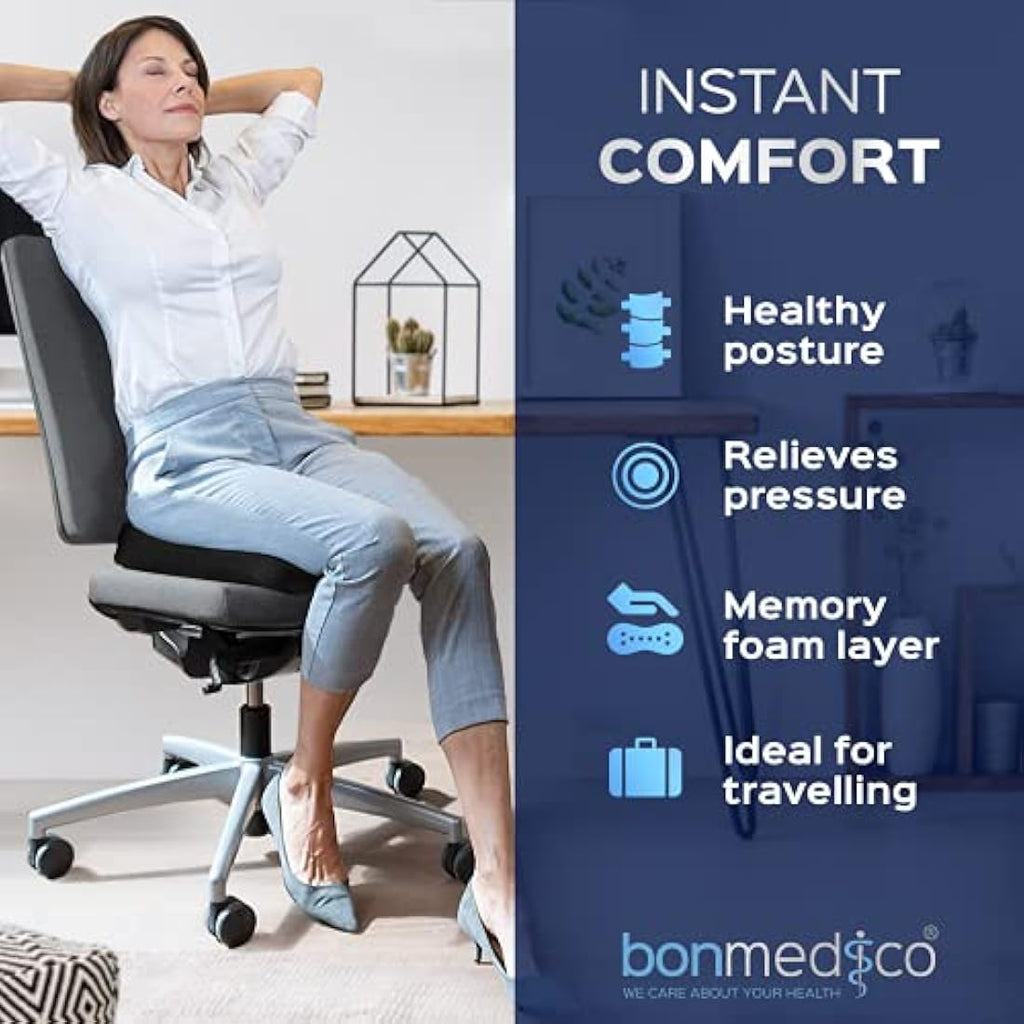bonmedico Memory Foam Seat Cushion - Coccyx Pain Relief for Office & Car