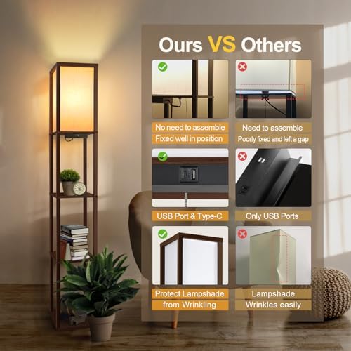 OUTON Shelf Floor Lamp with USB Ports | 3-Tier Wood Standing Lamp