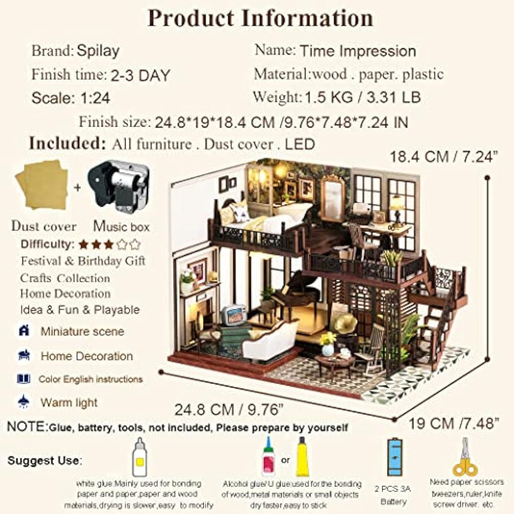Spilay DIY Miniature Dollhouse Kit – 1:24 Scale Wooden Villa with Music Box
