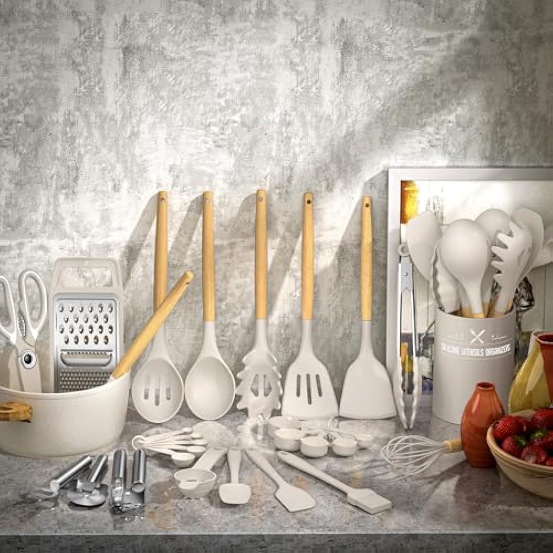 Terlulu 34-Piece Silicone Kitchen Utensils Set with Wooden Handles, Khaki