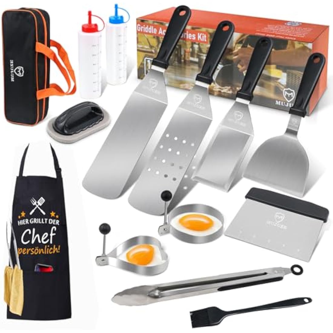 MUJUZE 14-Piece Stainless Steel Griddle Accessories Set with Carrying Case