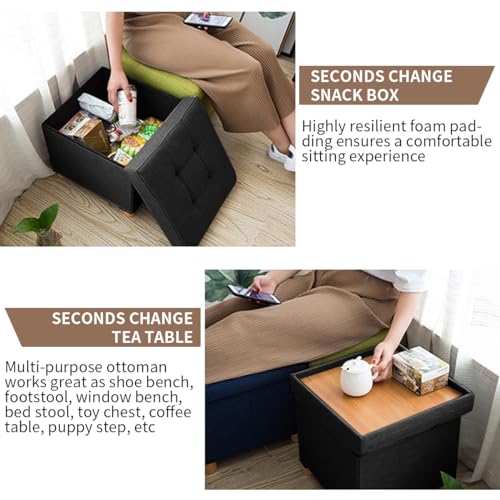 BRIAN & DANY Folding Storage Ottoman | Linen Footstool with Wood Legs