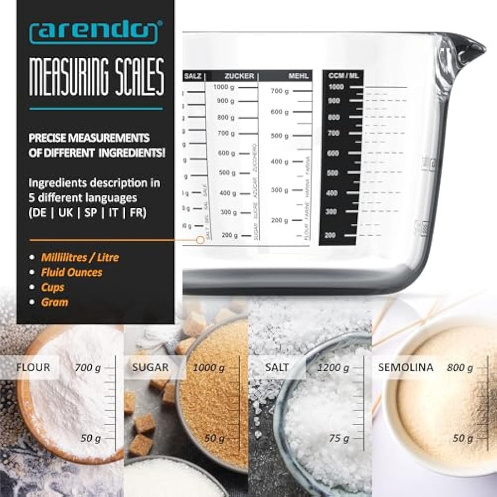 Arendo Borosilicate Glass Measuring Jug Set - 250ml, 500ml, 1000ml