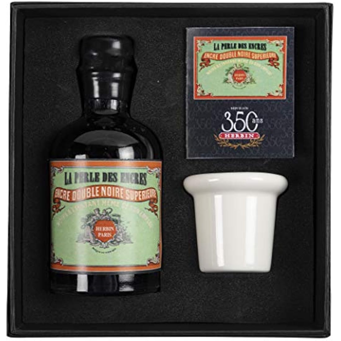 Jacques Herbin Perle Noire Ink - 100ml Bottle with Porcelain Inkwell
