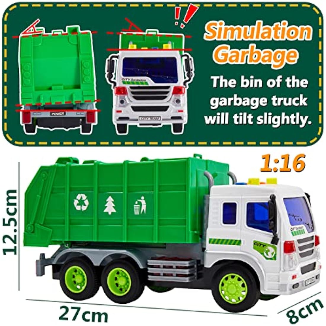HERSITY Garbage Truck Toy with Lights and Sounds – 1/16 Scale Bin Lorry